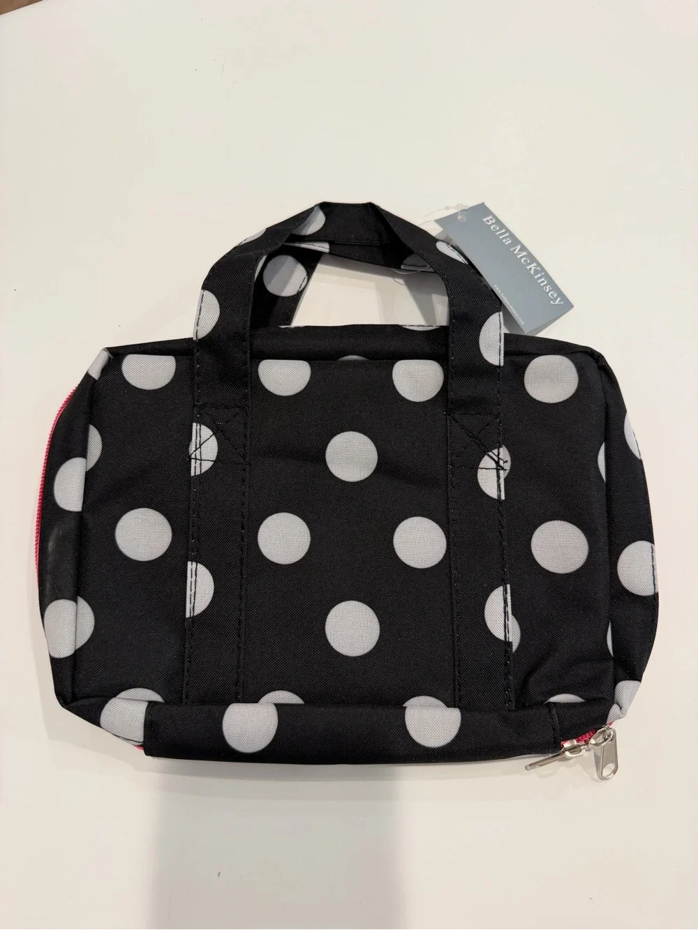 Bella McKinsey Black Polka Dot w Pink Zipper Mini Travel Bag cosmetic bag NWT